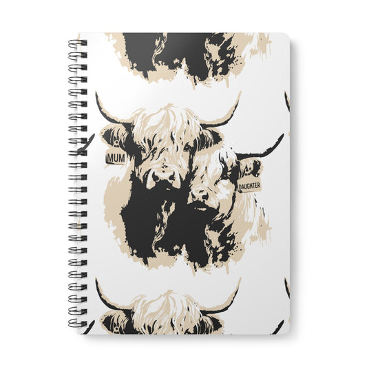 Highland Cow Spiral Notebook – 'Mum' & 'Daughter' Patterned A5 Journal